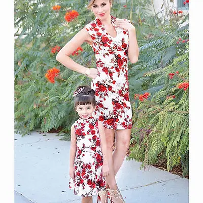 

Family Matching Floral dresses Women girls Rose Printed Flora Chinese Style Elegant Skirts Dress