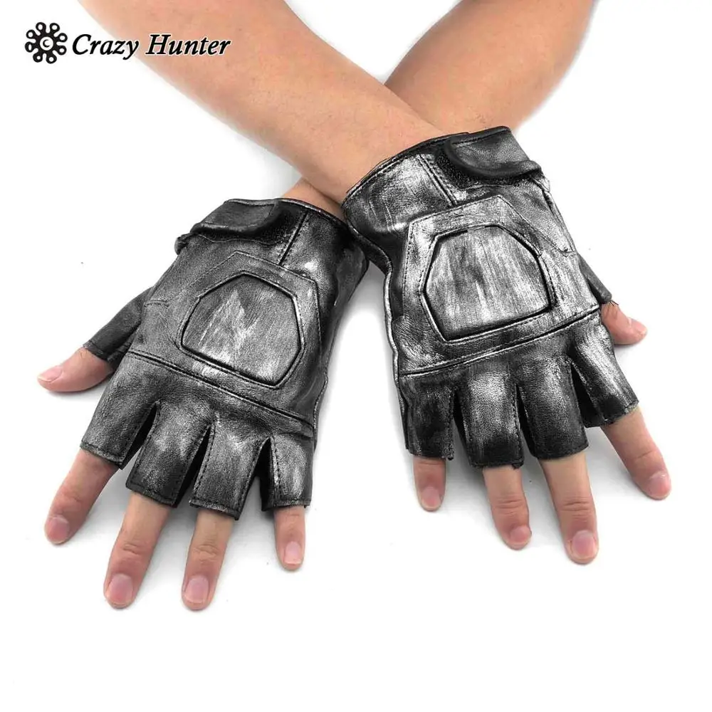 

Sliver Black Biker Punk Leather Fingerless Gloves Mens Steampunk Golves