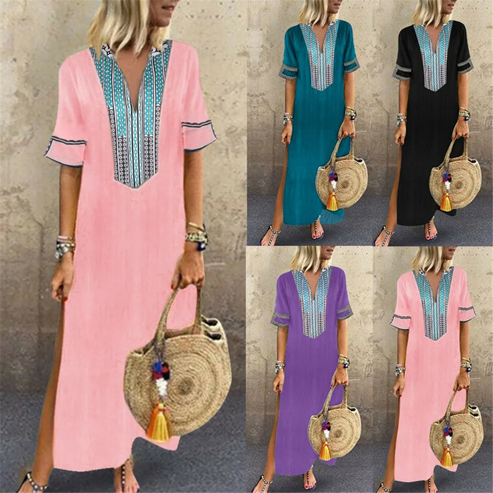 

CALOFE Oversized Women Long Dress Summer 2019 New Boho Slim Flower Print Short Sleeve Dress Beach Slit Black Dresses Vestidos