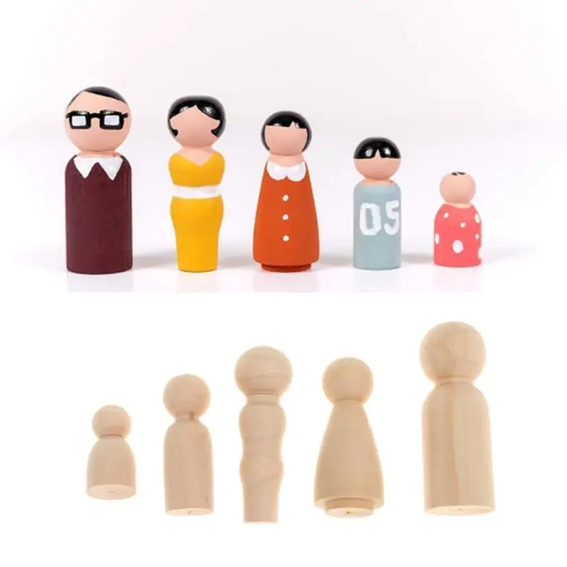 

5Pcs Natural Peg People Peg Wooden Dolls Family DIY Crafts Cake Topper Kid's Decoration Printed 2O0507