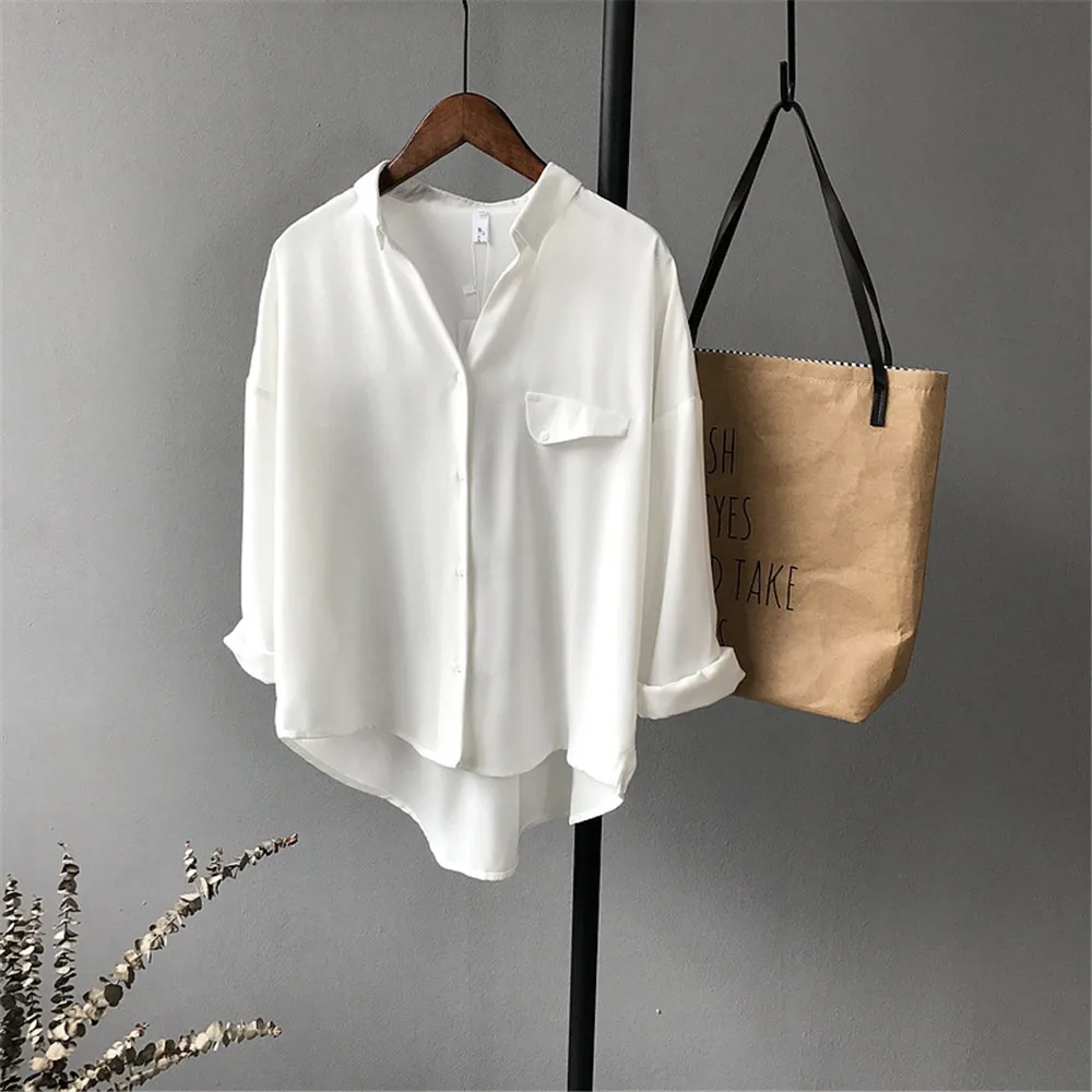 High quality Casual Chiffon white Women blouse shirt oversized Three Quarter sleeve loose shirt office wear casua tops blusas (10)