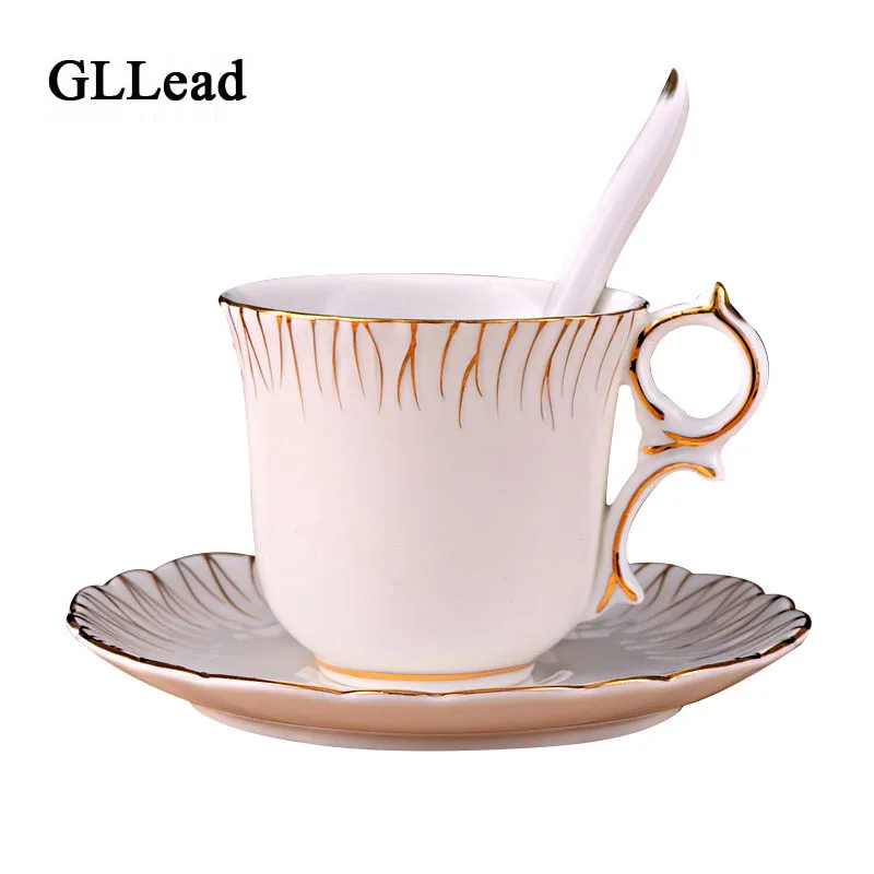 

GLLead New Style Gold Ceramic Coffee Cup And Saucer European Teacup Porcelain With Spoon Set Afternoon Black Tea Cups