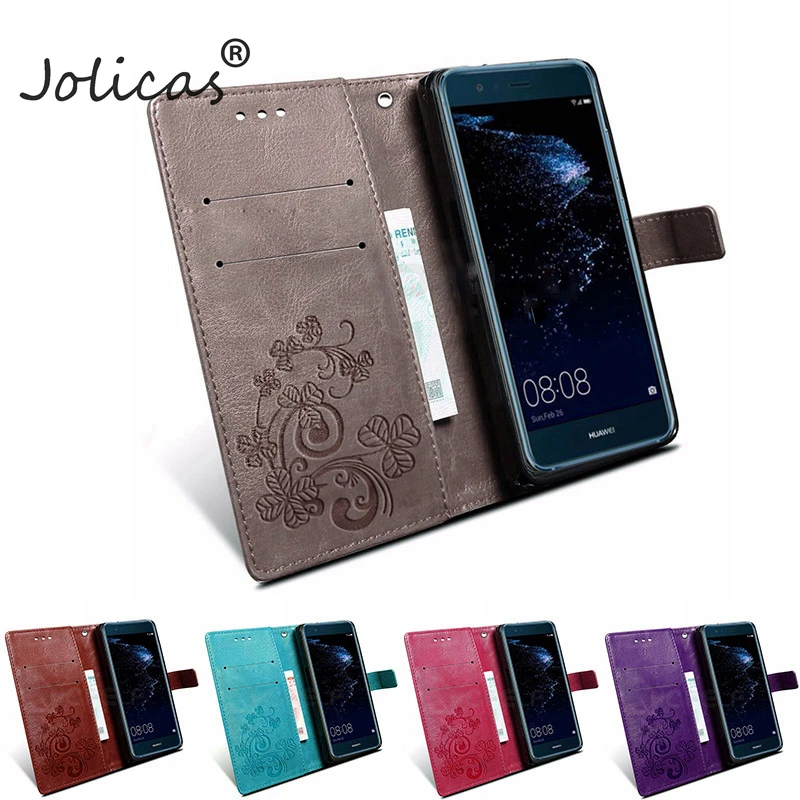 

Case For Huawei P10 Lite Case Cover Four Leaf Clover Leather Design Flip Wallet Case For Huawei P9 Lite Mini P8 Lite 2017
