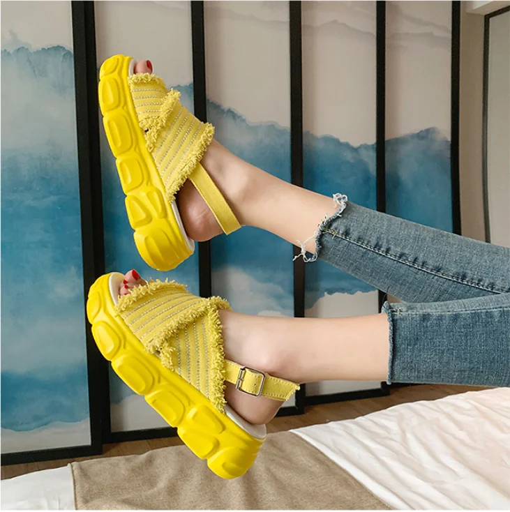 

Sandals Female Summer Muffin Thick-Soled Open Toe Ladies Casual Shoe Rhinestones Roman Shoes Trend Beach Womens Shoes