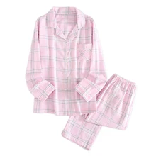 Свежий розовый клетчатый пижамный комплект для женщин марля хлопок новинка лето новая Уютная домашняя одежда для сна Повседневная Пижама с длинным рукавом для женщин