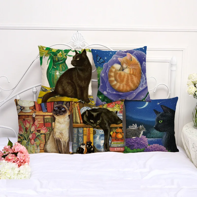 

45x45cm Printed Linen Cushion Cover Colorful Cartoon Cats Decorative Sofa Pillow Case Fashion Car Customized Drop Shipping