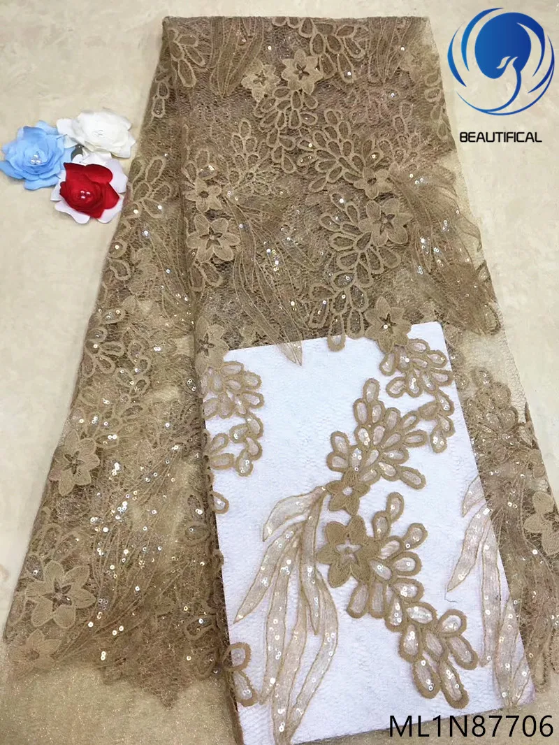 

Beautifical french lace fabrics nigerian mesh lace with sequins Latest style nigerian net lace sequins embroidery 5yards ML1N877