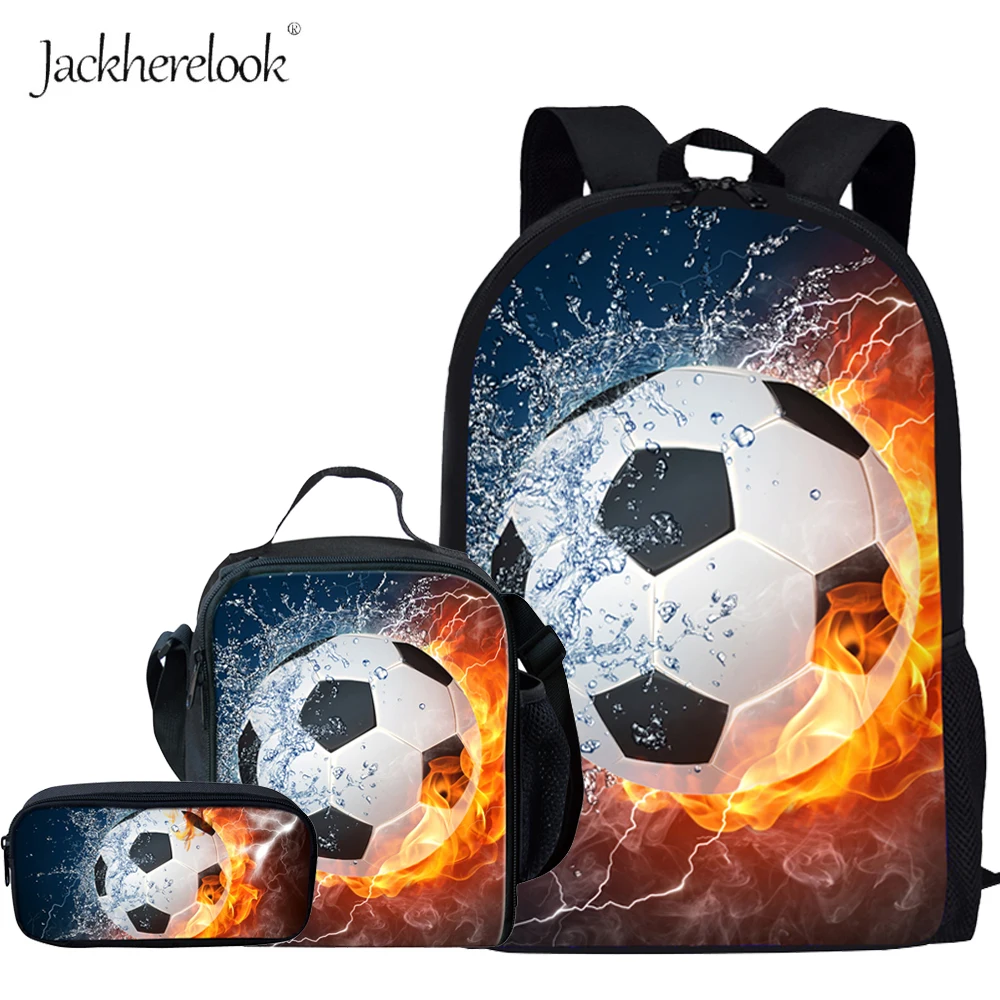 

Jackherelook 3D Fire Ice Foot Ball Soccer Printed Middle School Students Backpacks Large 3PCS Set Kids Boys Schoolbags Satchels