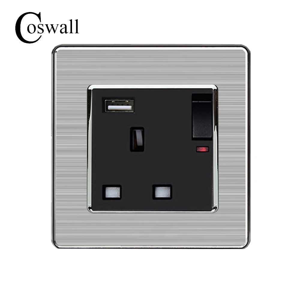 

Coswall 13A UK Standard Switched Socket With Neon + USB Charge Port For Mobile Output 5V 2.1A Stainless Steel Panel
