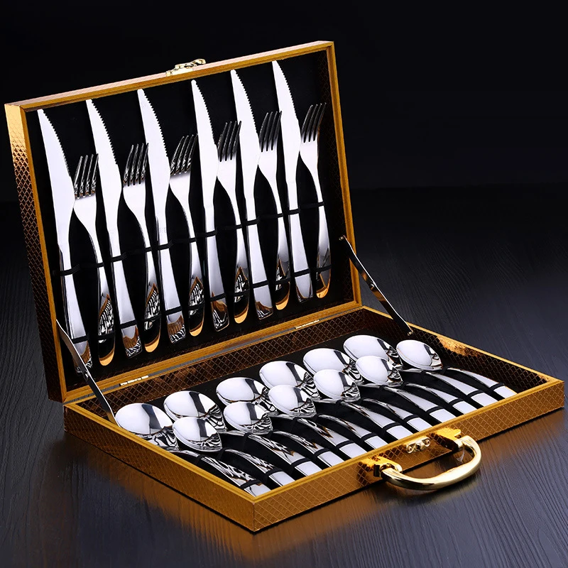 

24 PCS 304 Stainless Steel dinnerware set Contain Spoon knife and fork with Western Food Cutlery Tableware Dinnerware Gift box