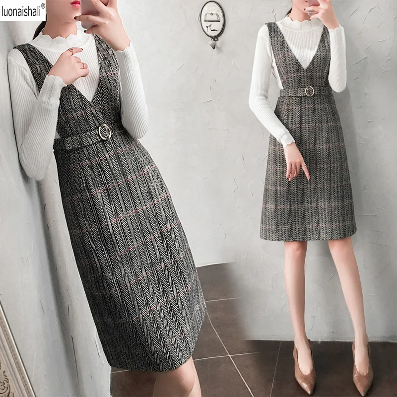 

2019 Spring Fashion Two Pieces Dresses Turtle Ruffle Neck Long Sleeve Fitted Sweater Top Plaid Pattern A-Line Casual Dress Z727