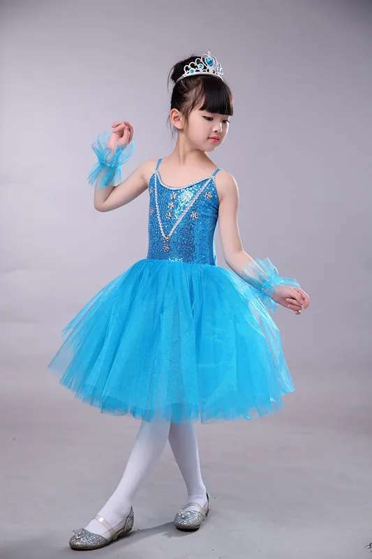 Романтическое Платье-пачка для балерины; цвет розовый, синий; Детское трико с блестками и юбка для девочек; длинное балетное платье для детей; праздничный костюм для дня рождения - Цвет: blue