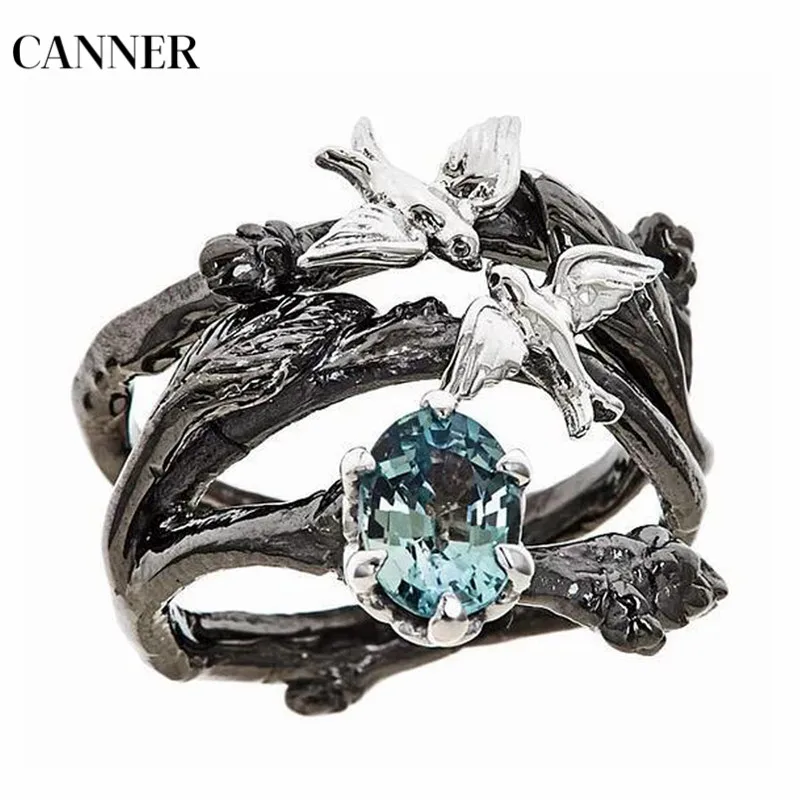 

Canner Blue Cubic Zirconia Crystal Ring Vintage Tree & Birds Ring For Women Girl Party Jewelry