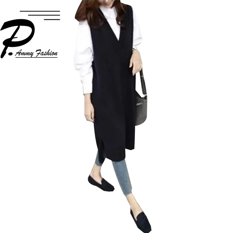 

Loose Korean sweater women fashion 2018 new V-neck knit vest long sleeveless hood long thick oversized sweater vest