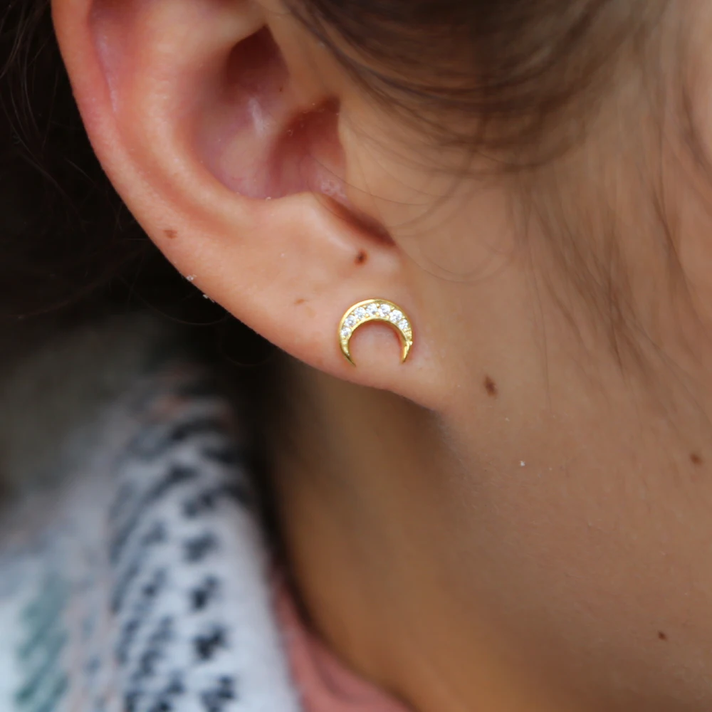 Стерлингового серебра 925 пробы модные Луна CZ Шпильки золотистые Роскошные серьги Нежный минималистичный милый cz ювелирные изделия для девочек подарок дочери