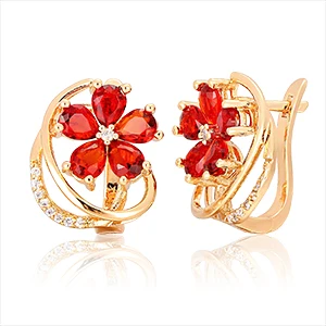 4Colors Five Petal Flower Paved Pear CZ Crystals Huggies Small Hoops Earrings for Women Yellow Gold Color Jewelry New - Окраска металла: red
