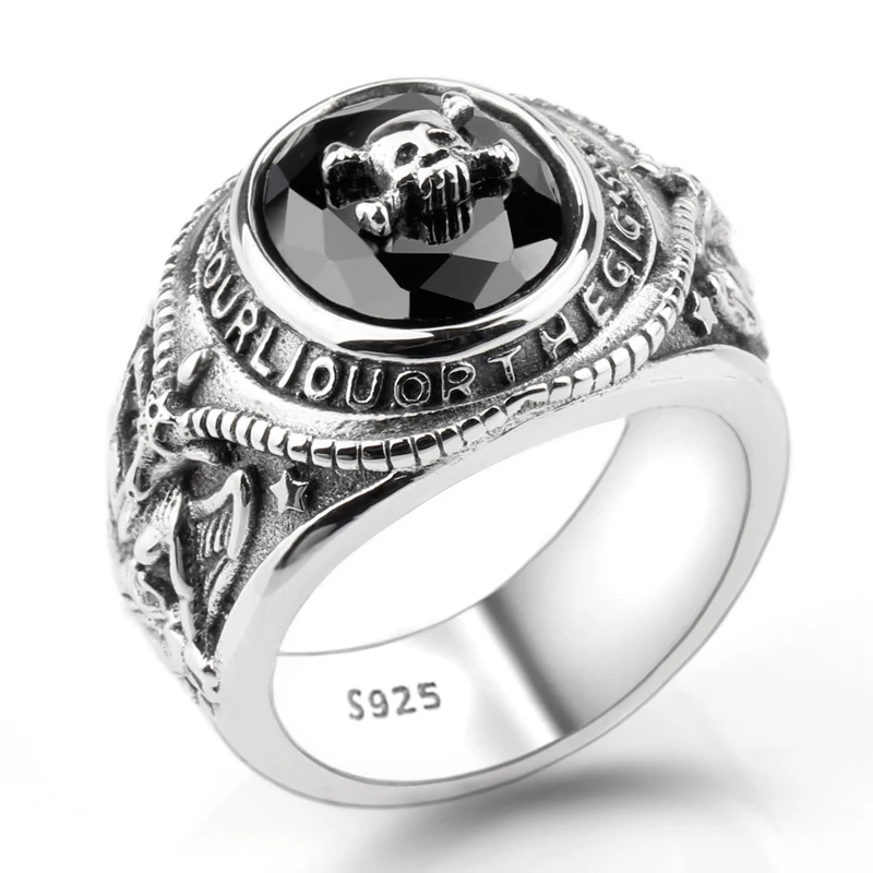 

Vintage Skull Ring 925 Sterling Silver for Men 30 g Heavy Skeleton Biker Punk Rock Men Ring with Black CZ Street Fashion Jewelry