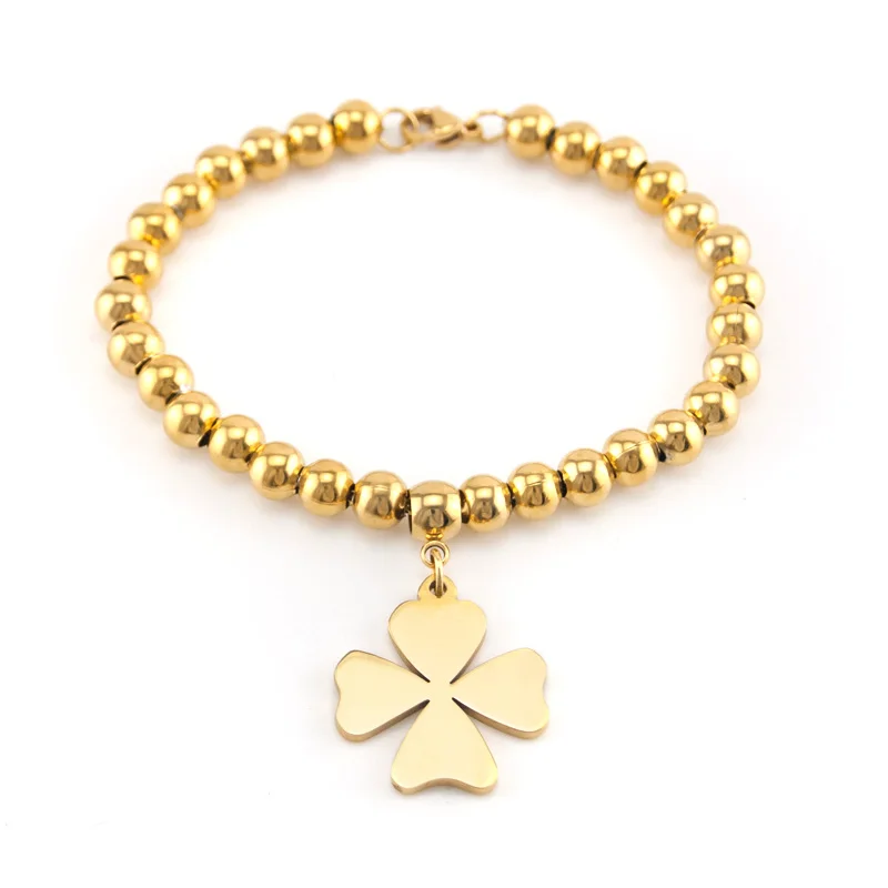 Stainless Steel Four Leaf Clover Heart Charm Bracelet Metal Beads Chain Gift for Wife Girls Wholesale | Украшения и аксессуары