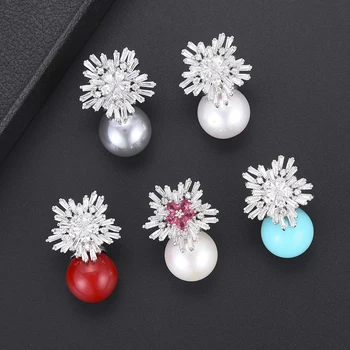 

GODKI Snowflake Flower Wedding Stud Earring For Women Fashion Luxury Simulated Pearl Cubic Zirconia Girl Jewelry boucle d'oreill