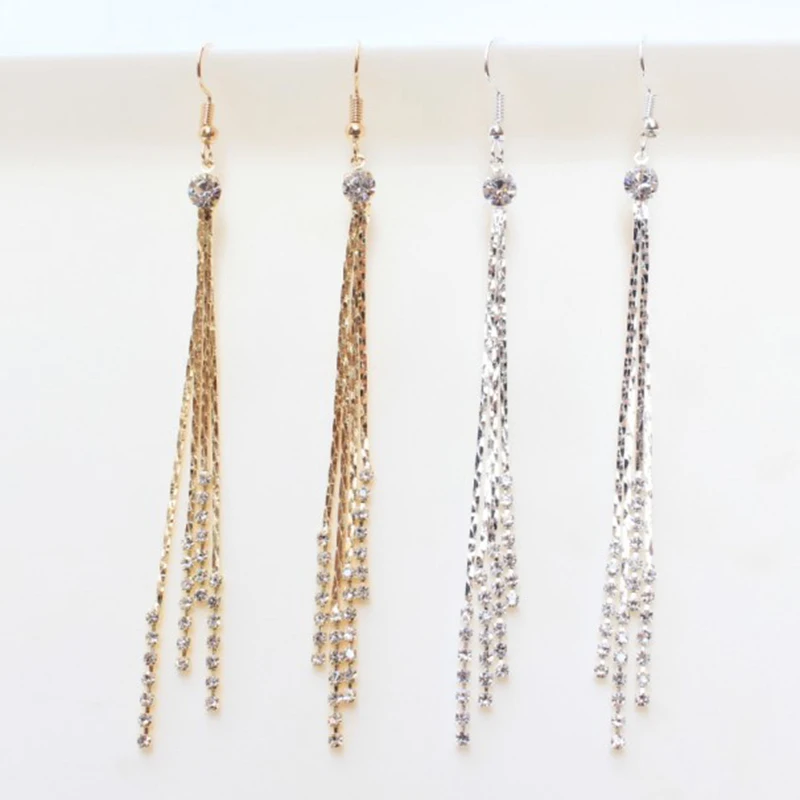 

1Pair Women's Chic Rhinestone Super Long Dangle Earrings Tassels Earings Women Jewelry Cocktail Party Wedding Earrings