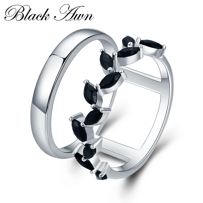 

[BLACK AWN] Hyperbole 3.7g Silver Color Fashion Jewelry Trendy Engagement Bague Black Spinel Leaf Women's Wedding Ring G001