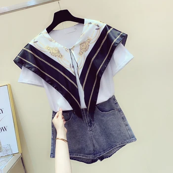 

Korean Style Scarf Stitching T-shirt for Women Summer Navy Lapel Shirt Female Lady Temperament Tshirt Tops T Shirts Students Tee