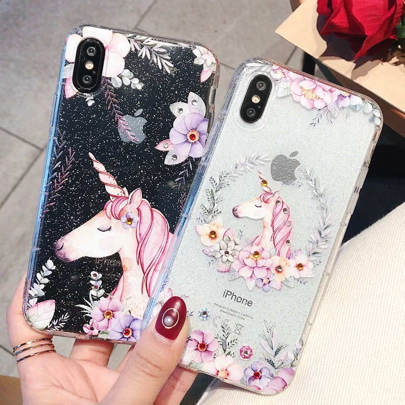 Coque for iPhone 7 7Plus Case Luxury Glitter Rhinestone Unicorn Phone on 6 6S 8 Plus X Cover Women |