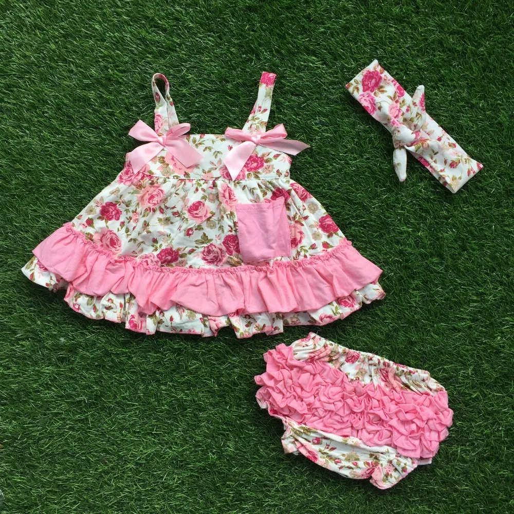 2016 little girls boutique clothing sets infant girl clothes baby pink rose foral bow swing