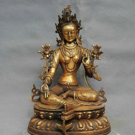 

14" Chinese Tibet Temple Bronze Gild Green Tara Guanyin Bodhisattva Statue R0713