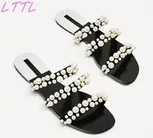 Summer Fashion Elegant Pearl Straps Women Slip On Sandals Open Toe Ladies Flat Slides Cut Out Style Female Dress Shoes