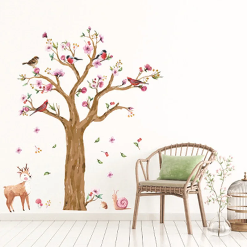 Красочные птицы на цветы дерево наклейка на стену s олень Улитка Наклейка на стену домашний декор для детской комнаты гостиная большие обои плакат - Цвет: 60 x 90CM x 2