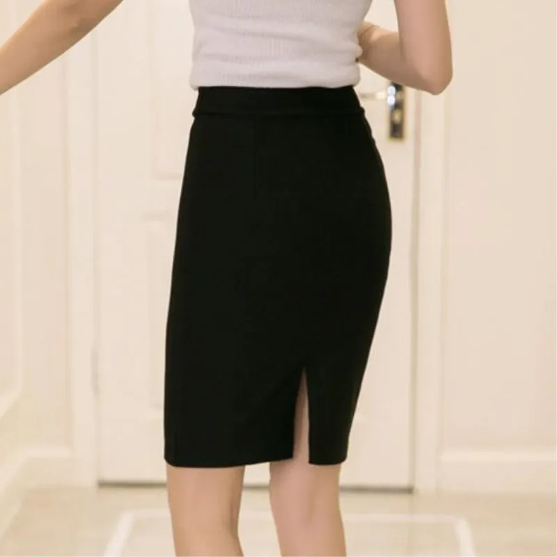 

skirts Autumn and winter after split package skirt female high waist elastic OL one step black professional bag