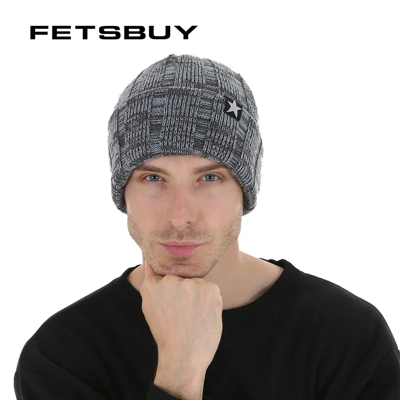 Fetsbuy Для мужчин Skullies Зимняя шерстяная одежда вязаная шапка мужские брендовые шапочки Кепки Повседневное одноцветное Цвет устанавливает