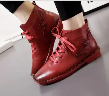 

Real Leather Lace-up Womens Boots 2019 Fashion Children Boots Round Toe Flat Shoes Bottes Femmes Autumn And Winter Boots 1801