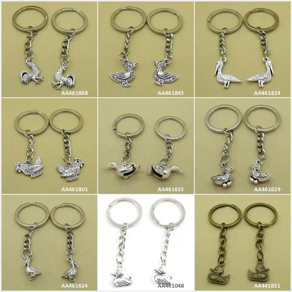 Prata Bronze antigo Chaveiro Anel Keyring Keytag Quack Pato Galinha Galo Galo Frango Artesanato Encantos do Saco