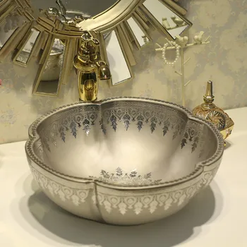 

Silver color Flower shape Bathroom Cloakroom Ceramic Counter Top Wash Basin Sink Washing basins wash art basin