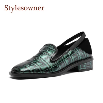 

New Loafers Shoes Women Genuine Leather Squared Toe Slip on Lazy Shoes Retro British Style Fashionable Handsome Green Shoes