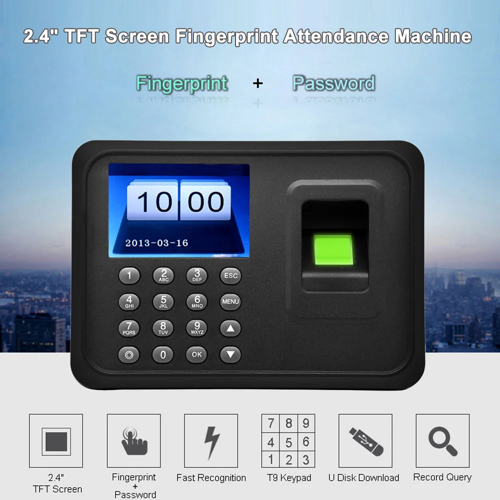 

2.4" TFT LCD Display USB Biometric Fingerprint Attendance Machine DC 5V/1A Time Clock Recorder Employee Checking-in Reader A6