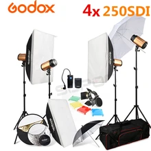Godox 4x 250SDI Studio Flash Light + Light Stand + Carry Bag + 50*70cm Softbox + 5 in 1 Reflector Photography Lamp kit 110V-240V