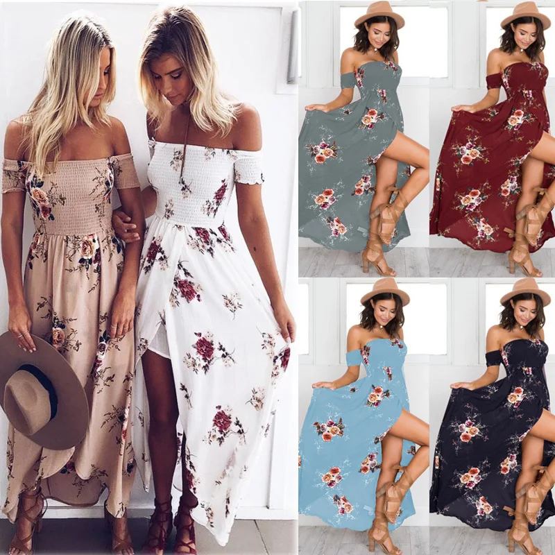 

2019 New Women Sexy Side Split Summer Plus Size Dress Off Shoulder Vintage Print Maxi Dress Boho Beach Long Dresses Vestidos 5XL