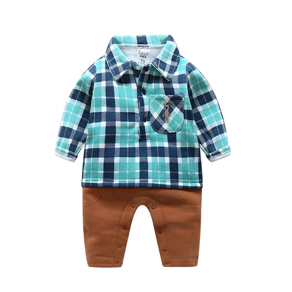 

Ruffled baby boys romper kid toddler clothes jumpsuits with wool plaid jackets for autumn winter spring