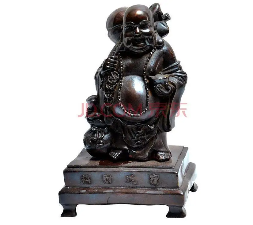 

Folk Chinese Copper Bronze Gourd Happy Maitreya Buddha Statue On Money Bag
