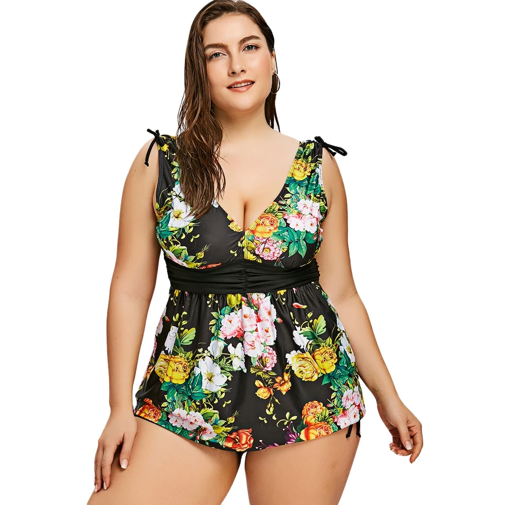 Plus Size Floral Tankini Women Swimsuit Plunge Padded Flower Print Two