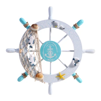 

Wooden Ship Wheel Nautical Beach Wooden Boat Ship Steering Wheel Fishing Net Shell Home Wall Decor