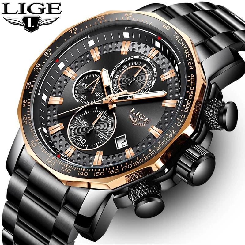 

LIGE New Fashion Mens Watches Top Luxury Brand Military Big Dial Male Clock Analog Quartz Watch Men Sport Chronograph watch 2019