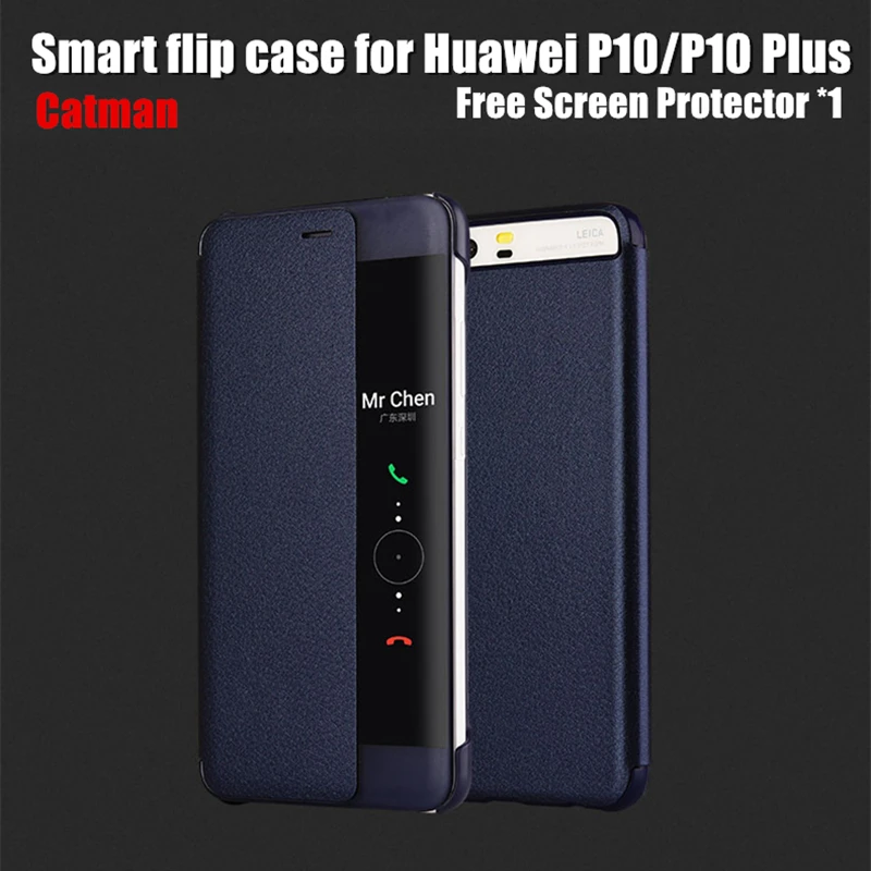 

catman case for huawei p10 funda magnetic auto sleep/wake-up smart view luxury leather flip cover case for huawei p10 plus coque