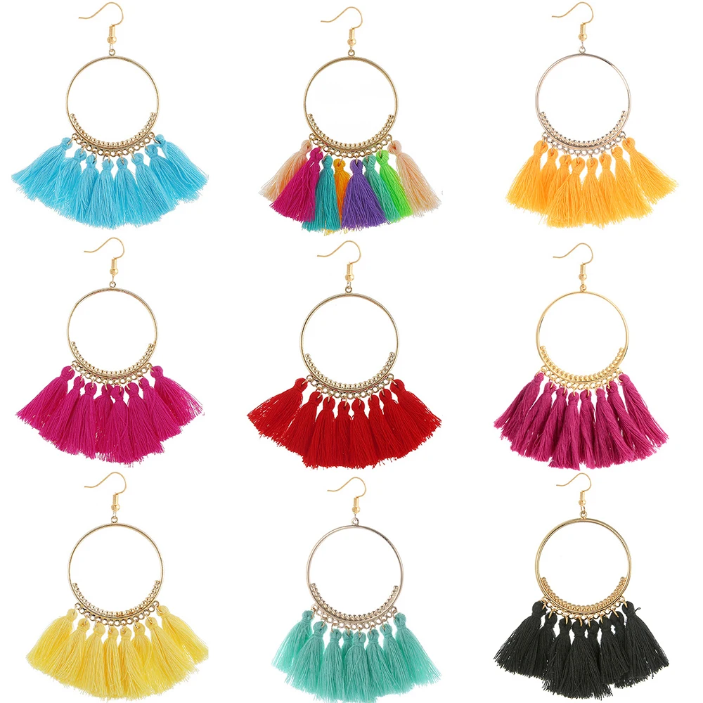 Fashion Neon Tiered Long Tassel Earrings for Women Big Circle Statement