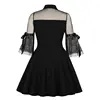 Femmes gothique dentelle Mini robe Sexy voir à travers manches évasées 2022 été femme fête Vintage décontracté court noir maille Goth robes ► Photo 2/6