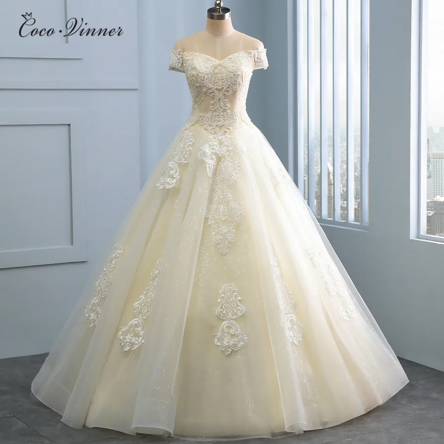 

Short Sleeve Off Shoulder Arab Ball Gown Wedding Dresses 2019 White champagne color Embroidery appliques Wedding Dress WX0106