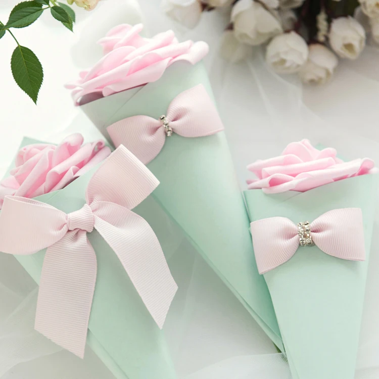 

Free Shipping 50pcs lot purple Pink Green Red purple wedding birthday party gifts boxes Cone Shaped Rose paper favor holders